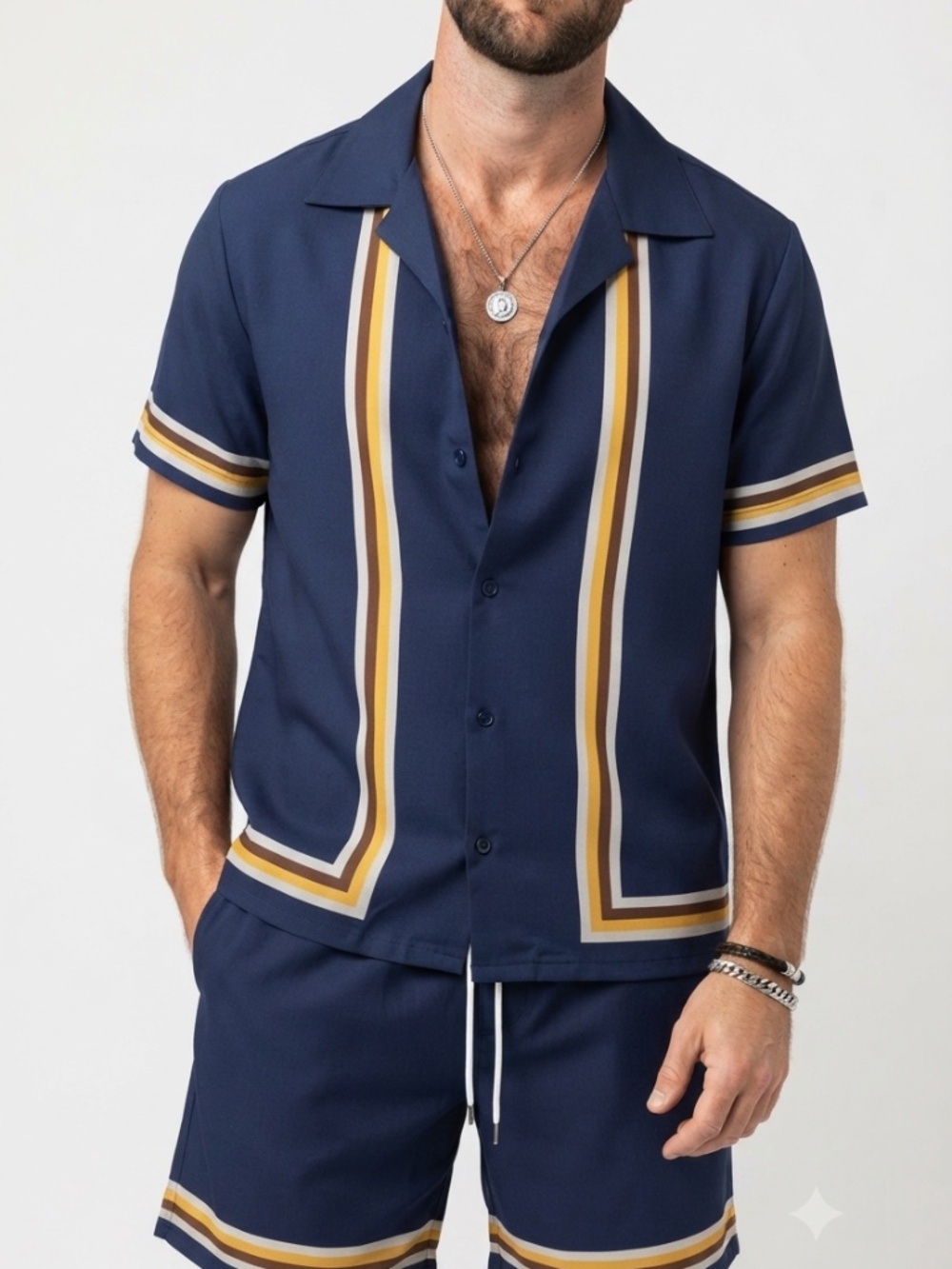 Navy & Gold Striped Cuban Collar Co-Ord Set — Shirt + Shorts — Medium 🌊